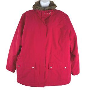 Lands' End Red Coat Jacket Womens 1X Faux Fur Collar Quilted Lined Nylon CJ-2130